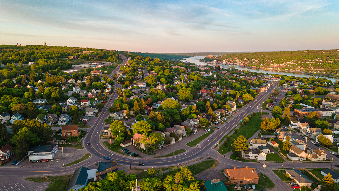 drone photo of hancock michigan at sunset